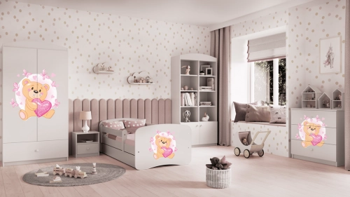 Bērnu gulta balta Bear with Butterflies ar atvilktni un matraci 140x70