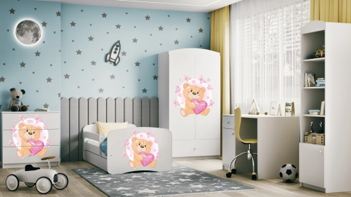 Bērnu gulta balta Bear with Butterflies ar atvilktni un matraci 140x70