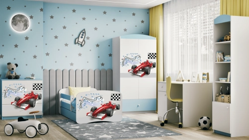 Bērnu gulta zila Formula ar atvilktni un lateksa matraci 140x70