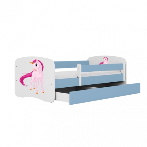 Bērnu gulta zila Unicorn ar atvilktni un matraci 160x80