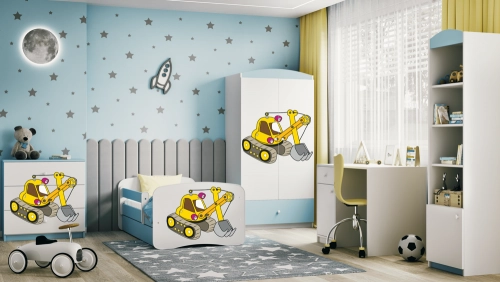 Łóżko babydreams niebieskie koparka bez szuflady materac 140/70