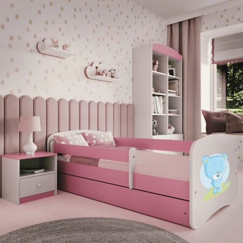 Łóżko babydreams różowe niebieski miś z szufladą materac 140/70