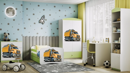 Łóżko babydreams zielone ciężarówka z szufladą materac 140/70