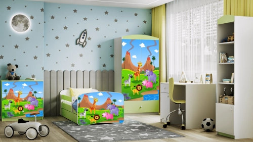 Łóżko babydreams zielone safari z szufladą materac 140/70