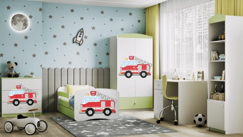 Łóżko babydreams zielone straż pożarna bez szuflady materac 140/70