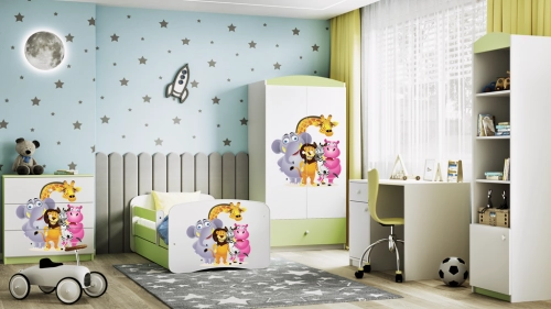 Łóżko babydreams zielone zoo z szufladą materac 140/70