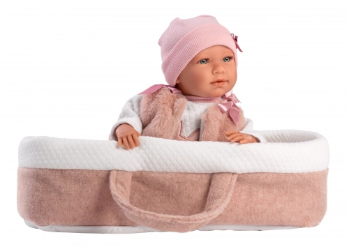 Lelle zīdainis Mimi 42 cm (pārnes. soma, raud, runā, ar mānekli, mīkstais ķermenis) Spānija LL74012