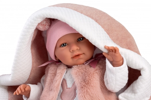 Lelle zīdainis Mimi 42 cm (pārnes. soma, raud, runā, ar mānekli, mīkstais ķermenis) Spānija LL74012