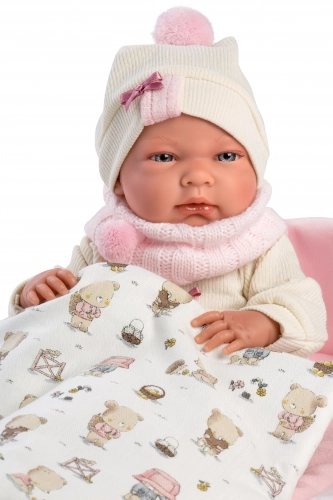 Lelle zīdainis Nica meitene ar sedziņu un mānekli (vinila ķermenis) 40 cm Spānija LL73884