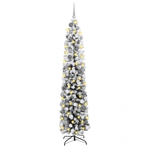 Šaurais Ziemassvētku Koks 300 Led Un Bumbiņu Komplekts Un Sniegs, Zaļš 180 Cm Vidaxl