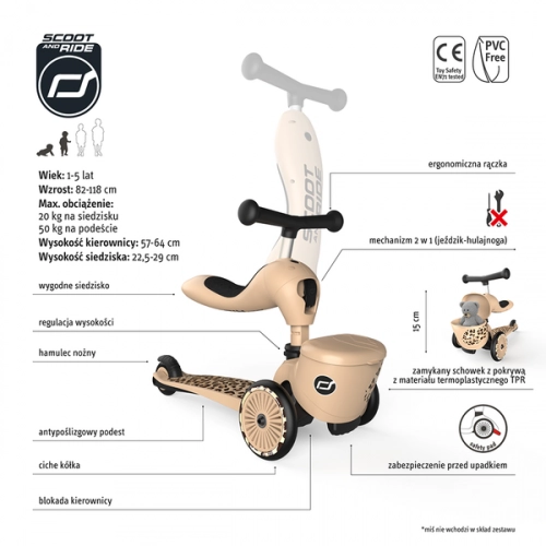 Scootandride Highwaykick 1 Lifestyle 2w1 Jeżdzik i Hulajnoga Trójkołowa z Zamykanym Schowkiem 1-5 lat Leopard