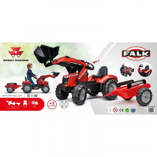 Traktors ar pedāļiem ar kausu un piekabi FALK Massey Ferguson Red