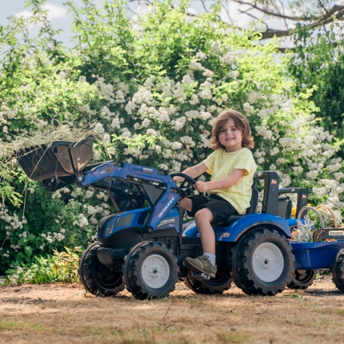 Traktors ar pedāļiem ar kausu un piekabi FALK New Holland Blue