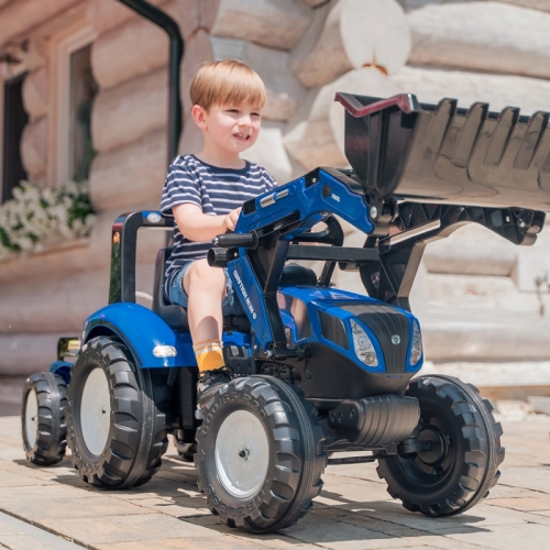 Traktors ar pedāļiem ar kausu un piekabi FALK New Holland Blue