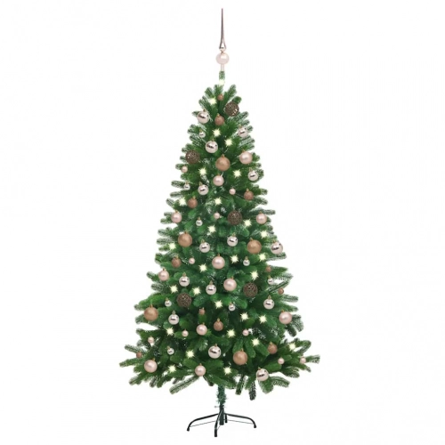 vidaXL izgaismota Ziemassvētku egle ar rotājumiem, zaļa, 150 cm