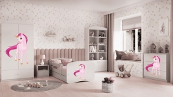 Bērnu gulta balta Unicorn ar atvilktni un lateksa matraci 160x80