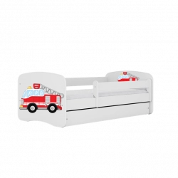 Bērnu gulta balta Fire Truck ar atvilktni un matraci 140x70