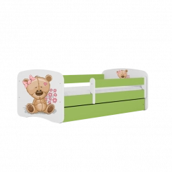 Łóżko babydreams zielone miś kwiatki z szufladą materac 140/70