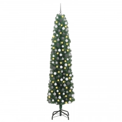 Šaurs Ziemassvētku Koks 300 Led Un Bumbiņu Komplekts Zaļš 210 Cm Vidaxl