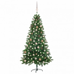 vidaXL izgaismota Ziemassvētku egle ar rotājumiem, zaļa, 180 cm
