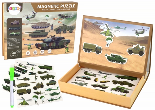 A set of educational magnetic puzzles with a land war motif