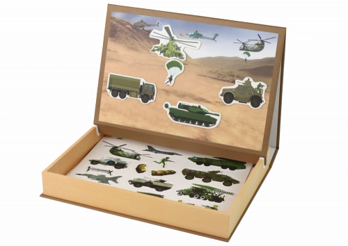 A set of educational magnetic puzzles with a land war motif