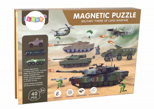 A set of educational magnetic puzzles with a land war motif