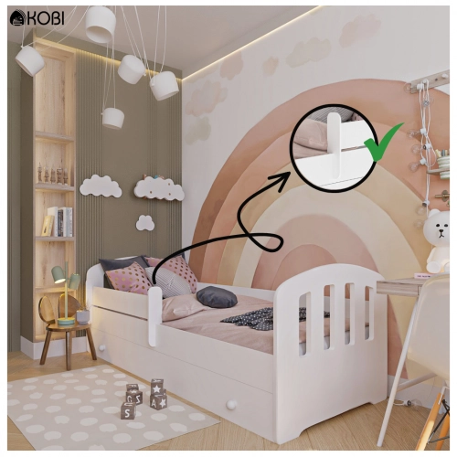 Детская кровать FELIX 160x80 с ящиком, матрасом и защитным бортиком, белая