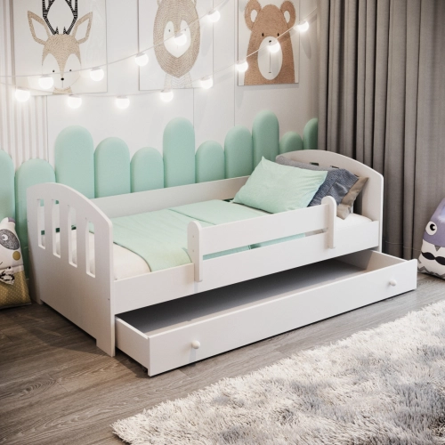 Детская кровать FELIX 160x80 с ящиком, матрасом и защитным бортиком, белая