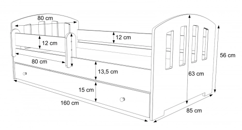 Детская кровать FELIX 160x80 с ящиком, матрасом и защитным бортиком, белая