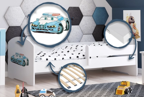 Bērnu gulta LUK 140x70 ar aizsargmaliņu un matraci Police