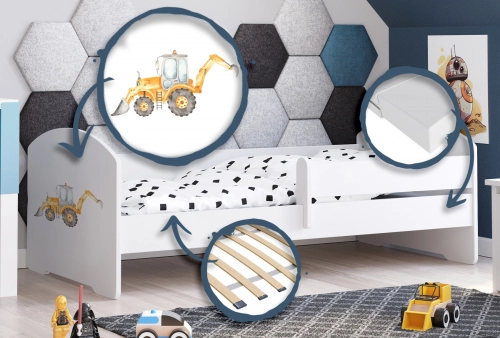 Детская кровать Luk с матрасом и защитным бортиком 164 см x 85 см x 63 см Excavator