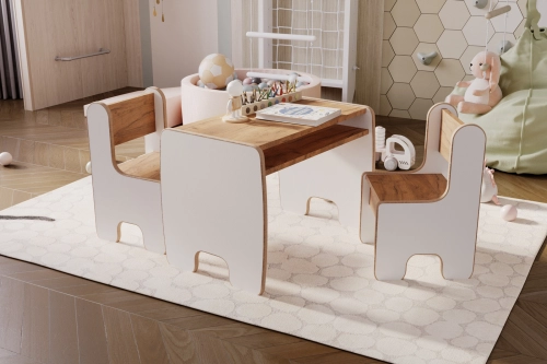 Children's Timi table and two chairs MDF colour white / oak craft gold