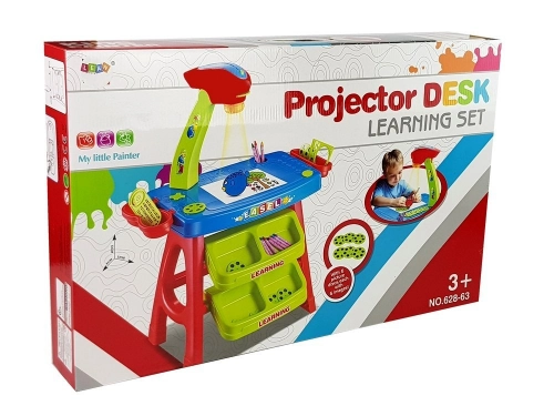 Educational Drawer Table with Projector 36 Pictures Crayons Templates Blue and Red