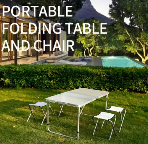 Folding Camping Table Set 4 Chairs Gray