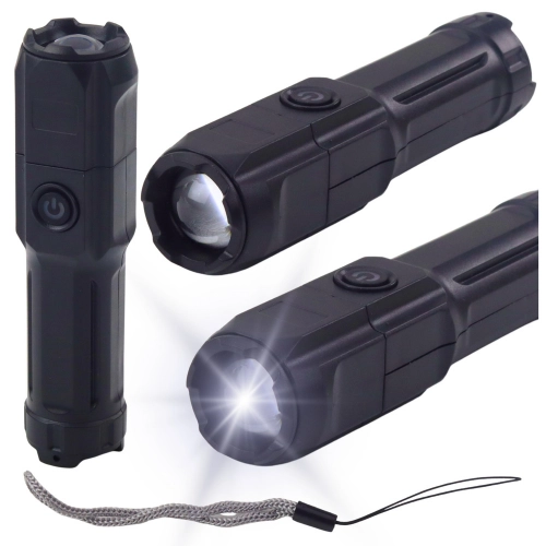 LED Flashlight Adjustable Zoom 3 Lighting Modes USB Charging Black