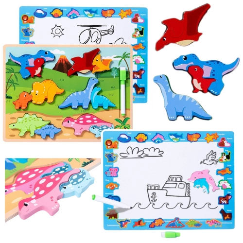 Puzzle Board 2in1 Wooden Educational Marker Dinosaurs 12pcs