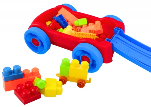 Set of blocks in a blue and red wheeled cart