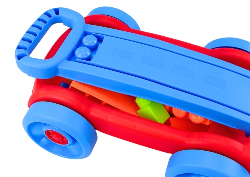 Set of blocks in a blue and red wheeled cart
