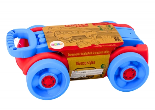 Set of blocks in a blue and red wheeled cart