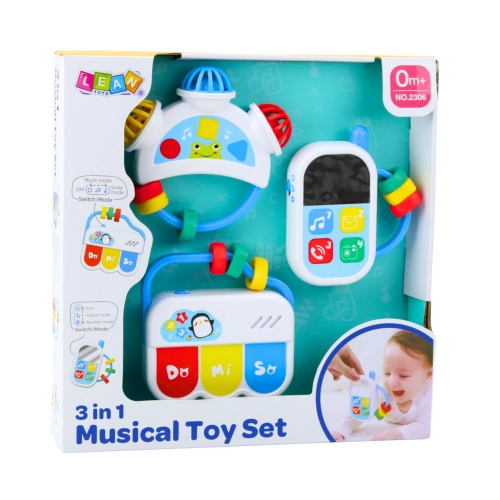 Set of musical toys for toddlers. Telephone, tambourine, keys, sounds, 3 pcs.