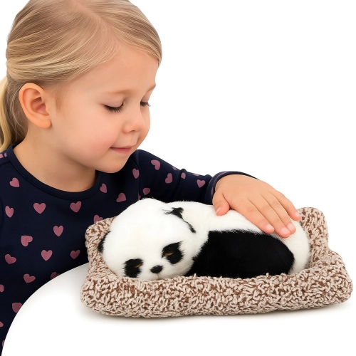 Sleeping Panda on a Pillow Figurine with Fur and Transparent Bag