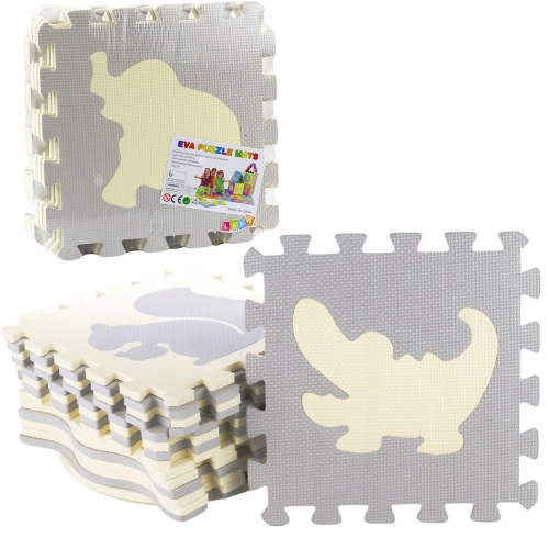 Soft Puzzle Educational Mat Animals EVA Foam Beige Gray 9 pcs.