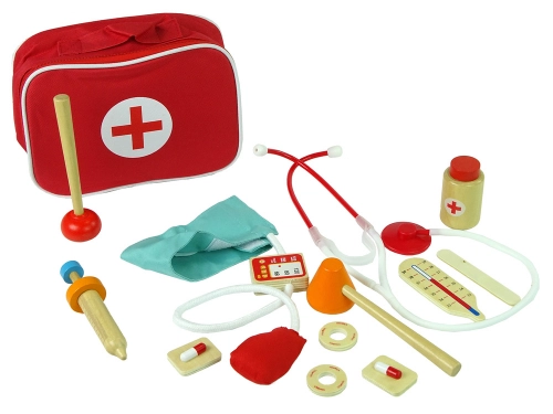 Wooden Doctor's Set in a Bag Stethoscope Pressure Gauge Hammer Syringe