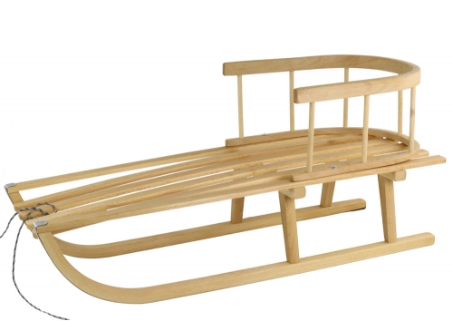 Wooden sled with a backrest and a string of sleds
