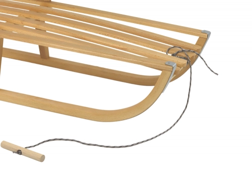 Wooden sled with a backrest and a string of sleds