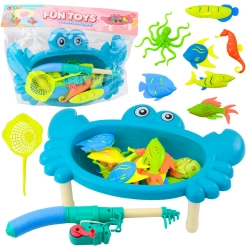 Fishing Set: Crab Table, 10 Fish, Fishing Rod, Strainer, Blue