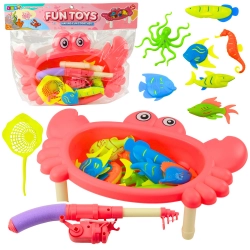 Fishing Set: Crab Table, 10 Fish, Fishing Rod, Strainer, Pink