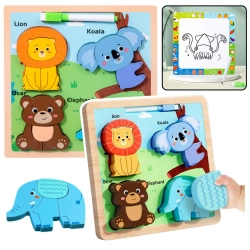 Puzzle Board 2in1 Wooden Educational Wild Animals Marker