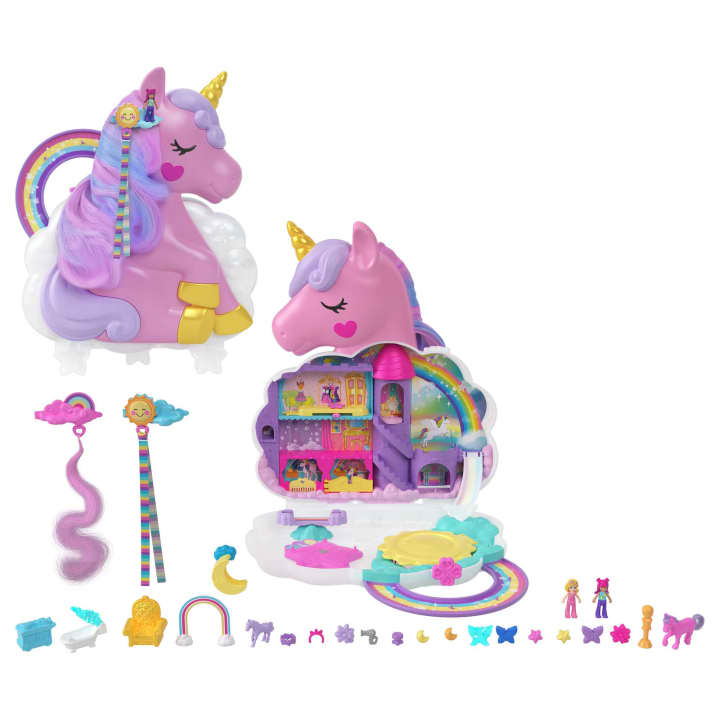 Polly Pocket Rainbow Unicorn Salon +20 surprises HKV51 Bērnu soma Vienradzis